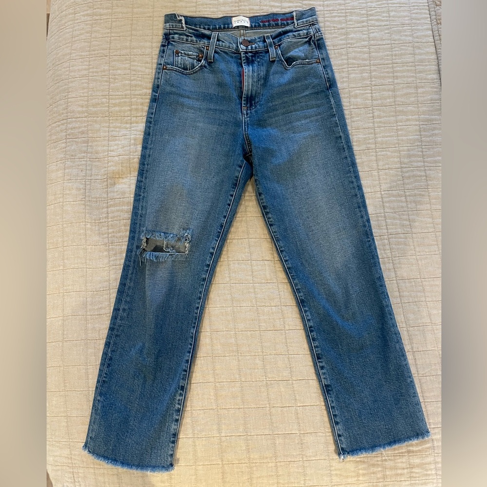 Alice + Olivia Amazing Double Waste High Rise Distressed Blue Jeans